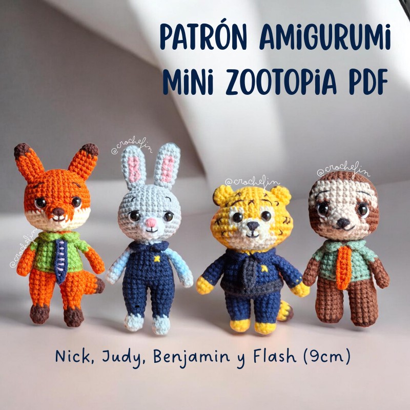 Patrón Amigurumi Mini Zootopia PDF - Judy, Nick, Flash y Benjamin